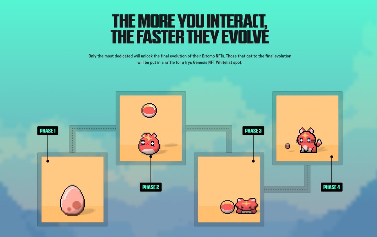 Irys GENESIS HUNT 
Một hoạt động kéo dài 2 tuần (14 ngày) với phần thưởng là 500 Slot whitelist Genesis NFT.

- Link: bitomokx.irys.xyz
- Kết nối ví OKX, mint cái trứng => làm các nhiệm vụ => tiến hoá pet

Công việc là làm nhiệm vụ trên trang nhiệm vụ