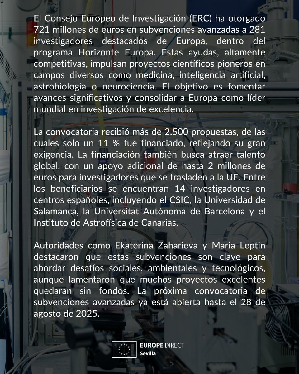 Europe Direct Sevilla (@europedirectus) on Twitter photo 🇪🇺El ERC apoya la investigación de vanguardia con 721M € de financiación.🔭⚗️
Puedes leer la nota de prensa al completo en el siguiente enlace🔗⬇️
europedirectsevilla.us.es/2025/06/26/el-… 🇪🇺El ERC apoya la investigación de vanguardia con 721M € de financiación.🔭⚗️
Puedes leer la nota de prensa al completo en el siguiente enlace🔗⬇️
europedirectsevilla.us.es/2025/06/26/el-…