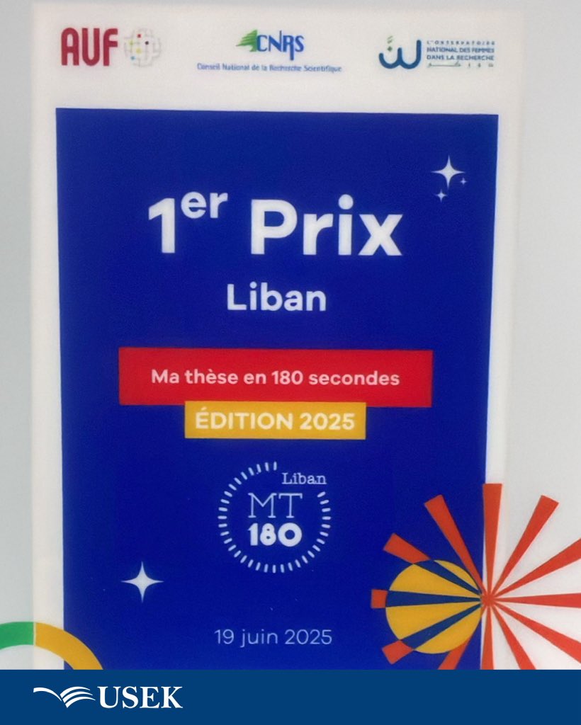 #USEK (@usekofficial) on Twitter photo Huge congrats to our PhD student Myriam El Tekle for winning 1st prize at "Ma Thèse en 180 Secondes", by #AUF Moyen-Orient & #CNRS-L! She'll represent Lebanon internationally. So proud of all 5 #USEK finalists, a testament to our strong doctoral programs! Huge congrats to our PhD student Myriam El Tekle for winning 1st prize at "Ma Thèse en 180 Secondes", by #AUF Moyen-Orient & #CNRS-L! She'll represent Lebanon internationally. So proud of all 5 #USEK finalists, a testament to our strong doctoral programs!