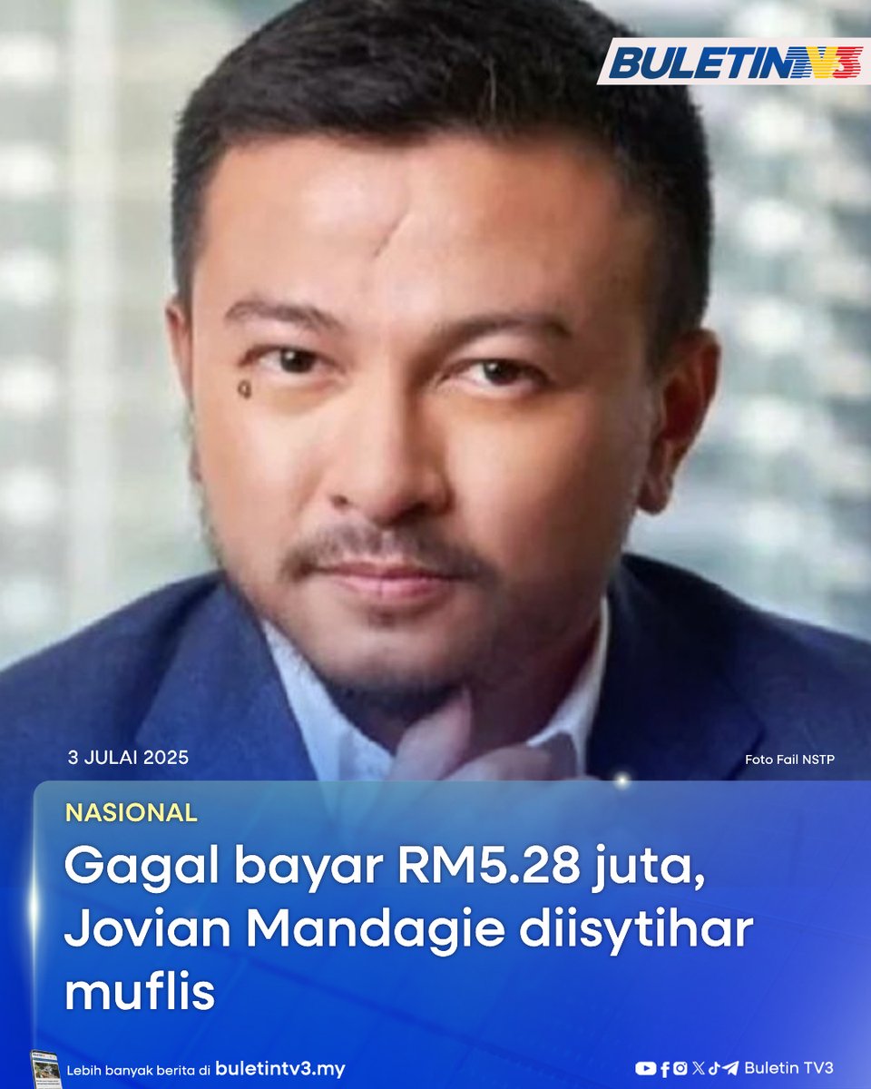 BuletinTV3's tweet photo. NASIONAL | Pereka fesyen, Datuk Jovian Mandagie, hari ini diisytiharkan muflis oleh Mahkamah Tinggi (Bahagian Insolvensi) selepas gagal membayar pinjaman persahabatan (friendly loan) berjumlah RM5.28 juta kepada sebuah syarikat pembinaan kejuruteraan.
#JovianMandagie #Muflis #PinjamanRM528Juta #BeritaTerkini #BuletinTV3