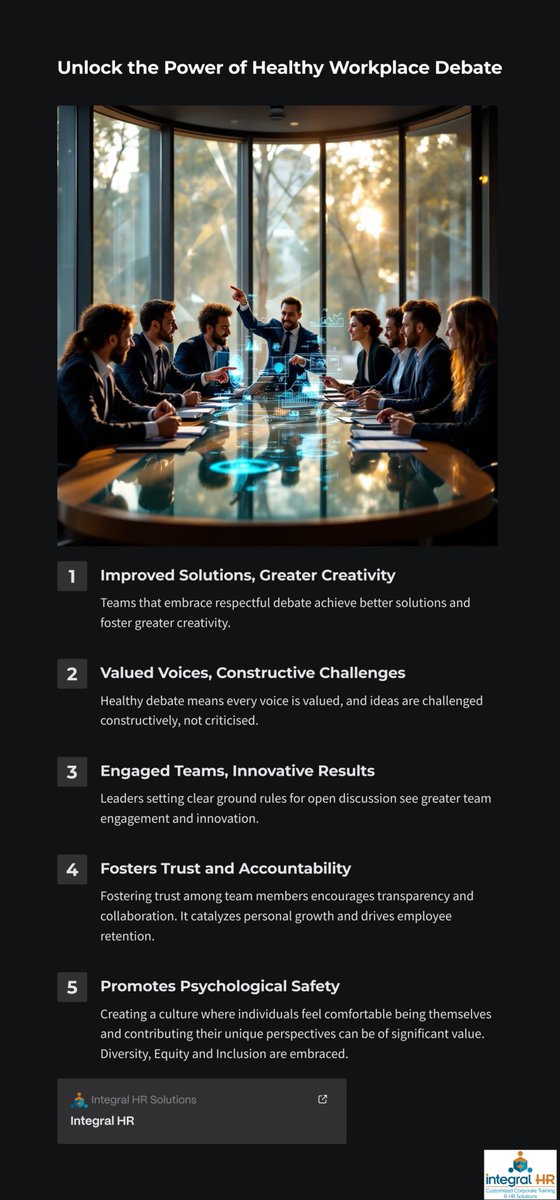IntegralHR's tweet photo. Healthy debate in the workplace is crucial for fostering innovation, effective problem-solving, and organizational advancement. Encouraging employees to share diverse perspectives and constructively challenge ideas leads to improved decision-making. https://t.co/b0acRFZFh0