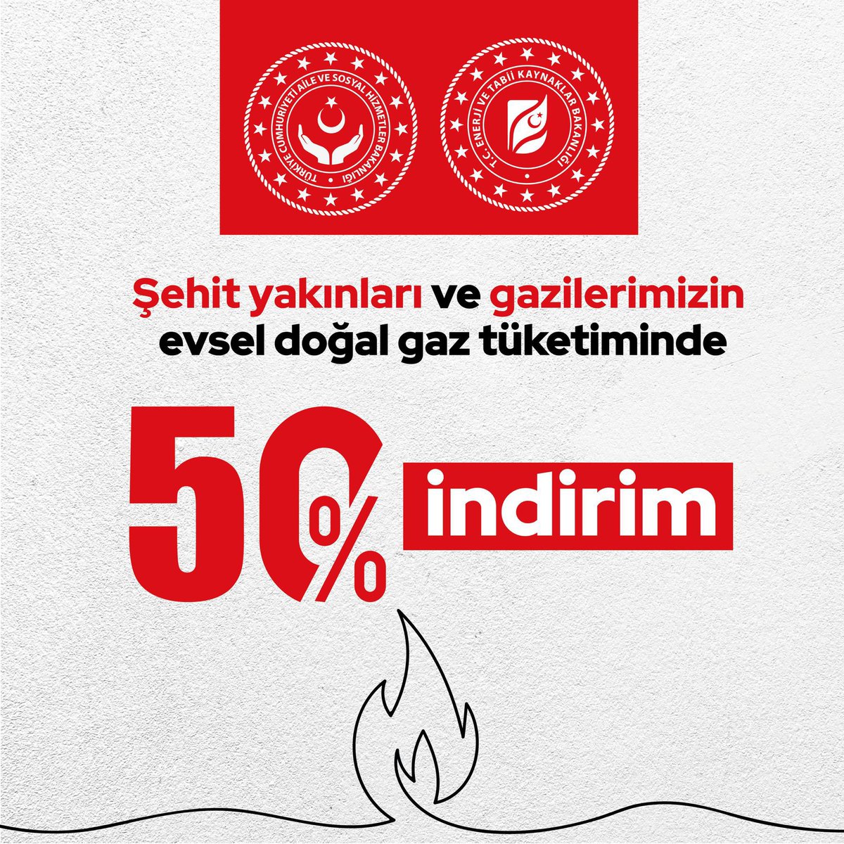 Bakanlığımız ve Enerji ve Tabii Kaynaklar Bakanlığı iş birliğiyle ilk kez hayata geçirilen uygulamayla şehit yakınları ve gazilerimizin evsel doğal gaz tüketiminde yüzde 50 indirim sağlandı.

Kıymetli destekleri için Enerji ve Tabii Kaynaklar Bakanlığımıza ve Sn. Bakanımız