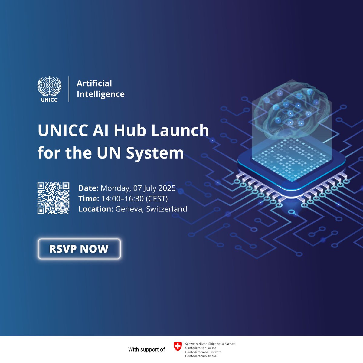 📢 Just a few days to go!

Join us for the official launch of the UNICC AI Hub — a new collaborative platform to drive responsible AI adoption across the UN system.

📅 7 July 2025
🕑 14:00–16:30
📍 Room Alpha, Palexpo, Geneva
🔗 More info &amp; registration: unicc.org/unicc-ai-hub-l…