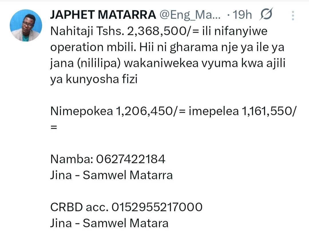 Ras,nchimbi (@nchimbiras) on Twitter photo <a href="/Eng_Matarra/">JAPHET MATARRA</a> Pia saports za wananchi waamini tutaendelea kupitia namba ulizozitoa,kadiri iwezekanavyo,pole sana๐๐ฟ <a href="/Eng_Matarra/">JAPHET MATARRA</a> Pia saports za wananchi waamini tutaendelea kupitia namba ulizozitoa,kadiri iwezekanavyo,pole sana๐๐ฟ