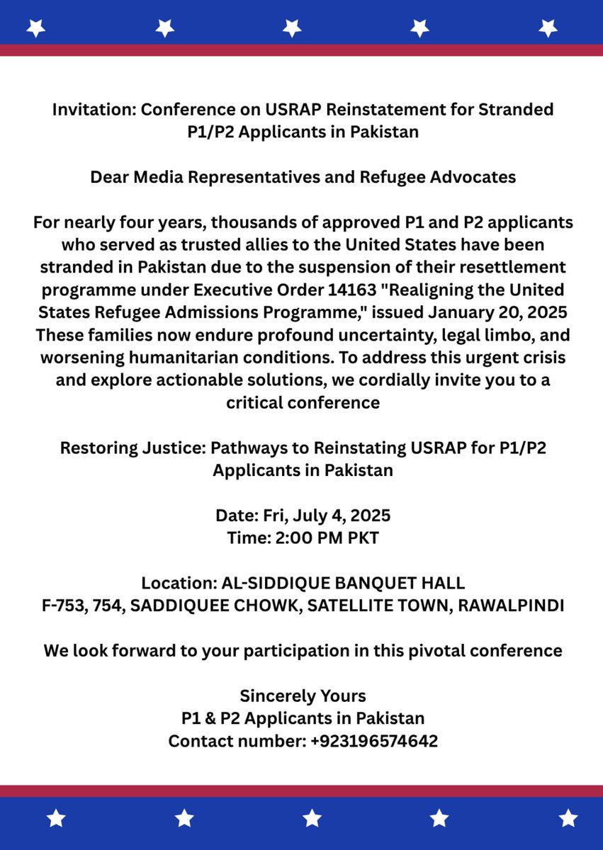 You are invited to a press conference organized by Afghan P1/P2 case holders in Pakistan.

Details:
Date: 04 July 2025  
Time: 2:00 PM (PKT)  
Venue:Al-Siddique Banquet Hall, F-753, 754, Saddique Chowk, Satellite Town, Rawalpindi.
We hope you can join us.