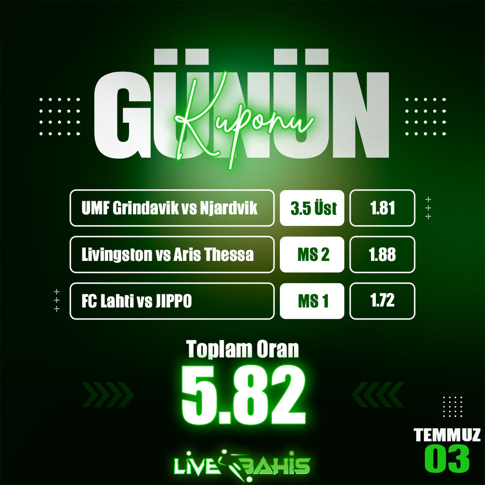 lLiveBahis Analiz Ekibinden 3 Temmuz Günün Kuponu!🔥 
%300 Hoş Geldin Yatırım Bonusu💸 
%15 Çevrimsiz Spor Yatırım Bonusu ⚽️ 
İlk Yatırıma Özel Çevrimsiz %50 Kayıp Bonusu🎁 
🔗livebahis373.com