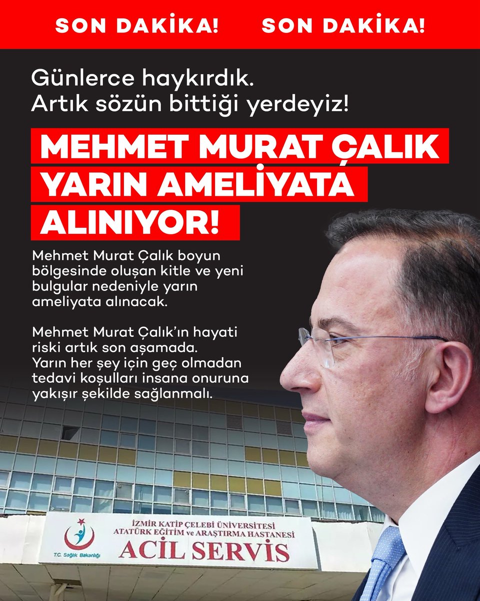 Günlerce haykırdık.
Artık sözün bittiği yerdeyiz!

Mehmet Murat Çalık yarın ameliyata alınıyor!

#MehmetMuratÇalıkSerbestBırakılsın
#SONDAKİKA