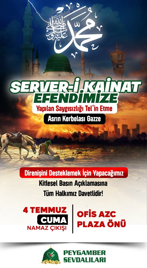 Kitlesel Basın Açıklamasına davet!

Server-i Kainat Efendimize yapılan Alçaklığı tel'in etme, Asrın Kerbelası Gazze Direnişini desteklemek için yapacağımız kitlesel basın açıklamasına tüm halkımız davetlidir.

Tarih: 4 Temmuz Cuma 
Cuma namazı çıkışı 
Yer: Ofis AZC Plaza önü