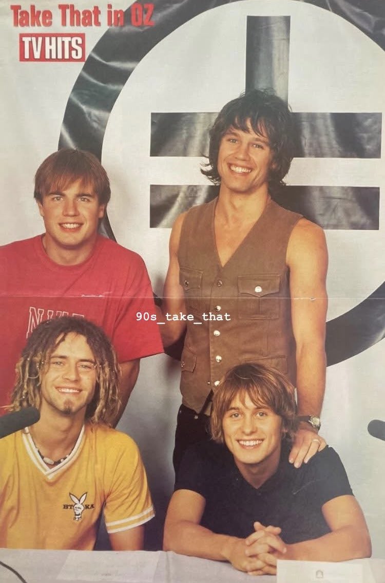 90s_take_that's tweet photo. @takethat in Oz 🇦🇺

❤️💛🤎🖤 #ThrowbackThursday

📷 TV Hits Magazine 

#takethat #TT4 #flashback #takethatinoz #tvhitsmagazine #thatters #lookatus #90s #90snostalgia #90stakethat @GaryBarlow @OfficialMarkO #HowardDonald #JasonOrange #takethatlegends https://t.co/tDsjWmbYxf