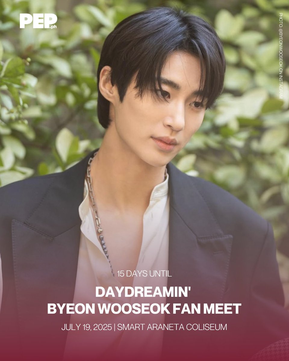 PEPalerts's tweet photo. Only 15 days left until Byeon Wooseok makes our dreams come true live at the Smart Araneta Coliseum! 💫 

The Daydreamin' Byeon Wooseok Fan Meet, presented by Dunkin', is happening on July 19, 2025.

#ByeonWooseok #DaydreaminWithWooseok #WooseokInManila #PEPConcertCountdown https://t.co/gL7oSUbf4I