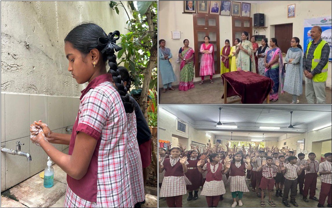 GHMCOnline's tweet image. As part of the #SABB2025 campaign and under the motto “Swabhav Swachhata, Sanskaar Swachhata,” GHMC is focusing on personal hygiene and preventive measures against water-borne and vector-borne diseases by conducting a “Clean Hands” activity at Nishulk Prabhat Primary High School,…