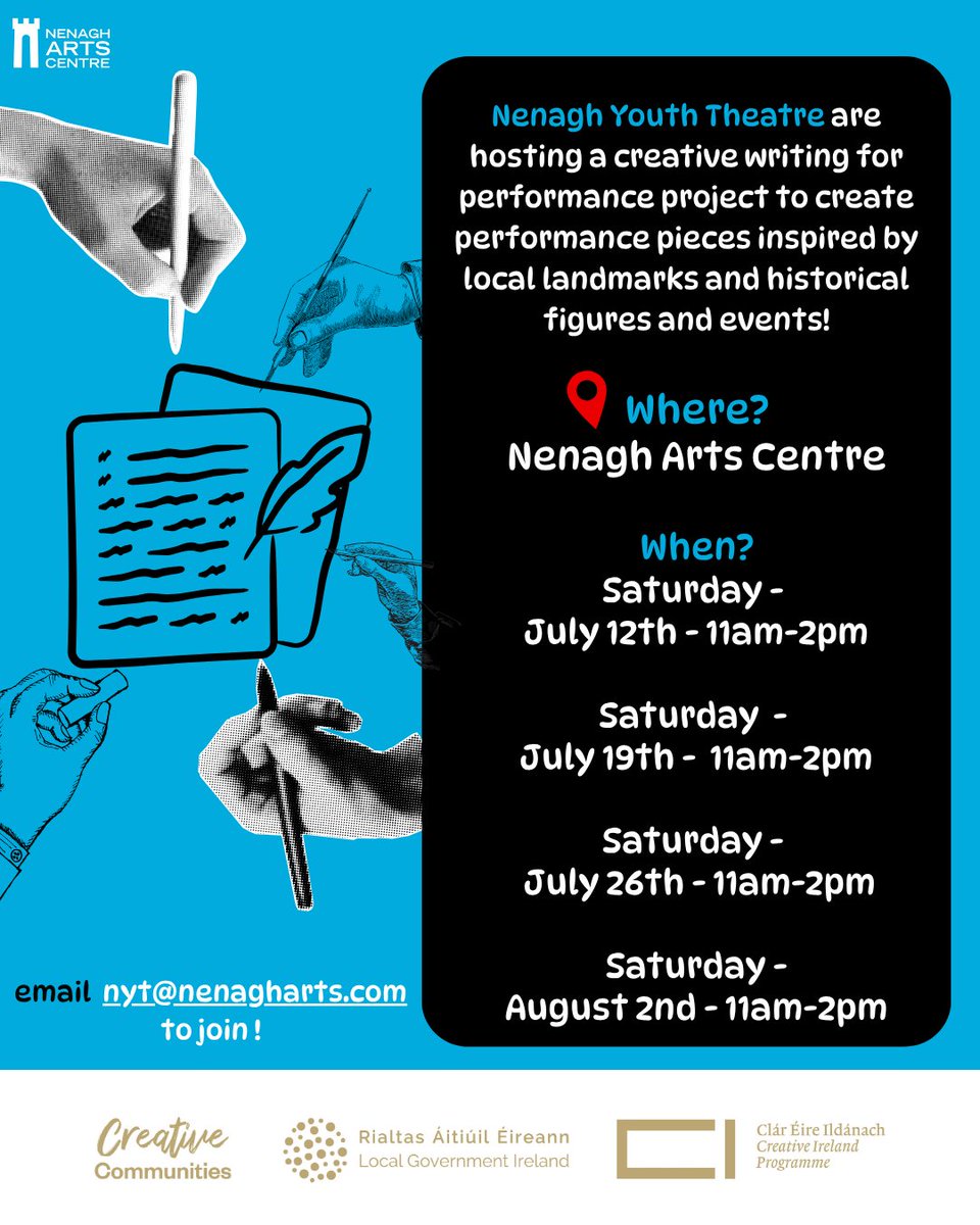 Now announcing! Nenagh Youth Theatre's Our Heritage, Our History, Our Home! A series of creative writing for performance workshops for young people 🎭
📅 Saturdays, July 12th - August 2nd
⏰ 11am - 2pm 
🎟️ FREE
More information at nenagharts.com, or at 067 34400!