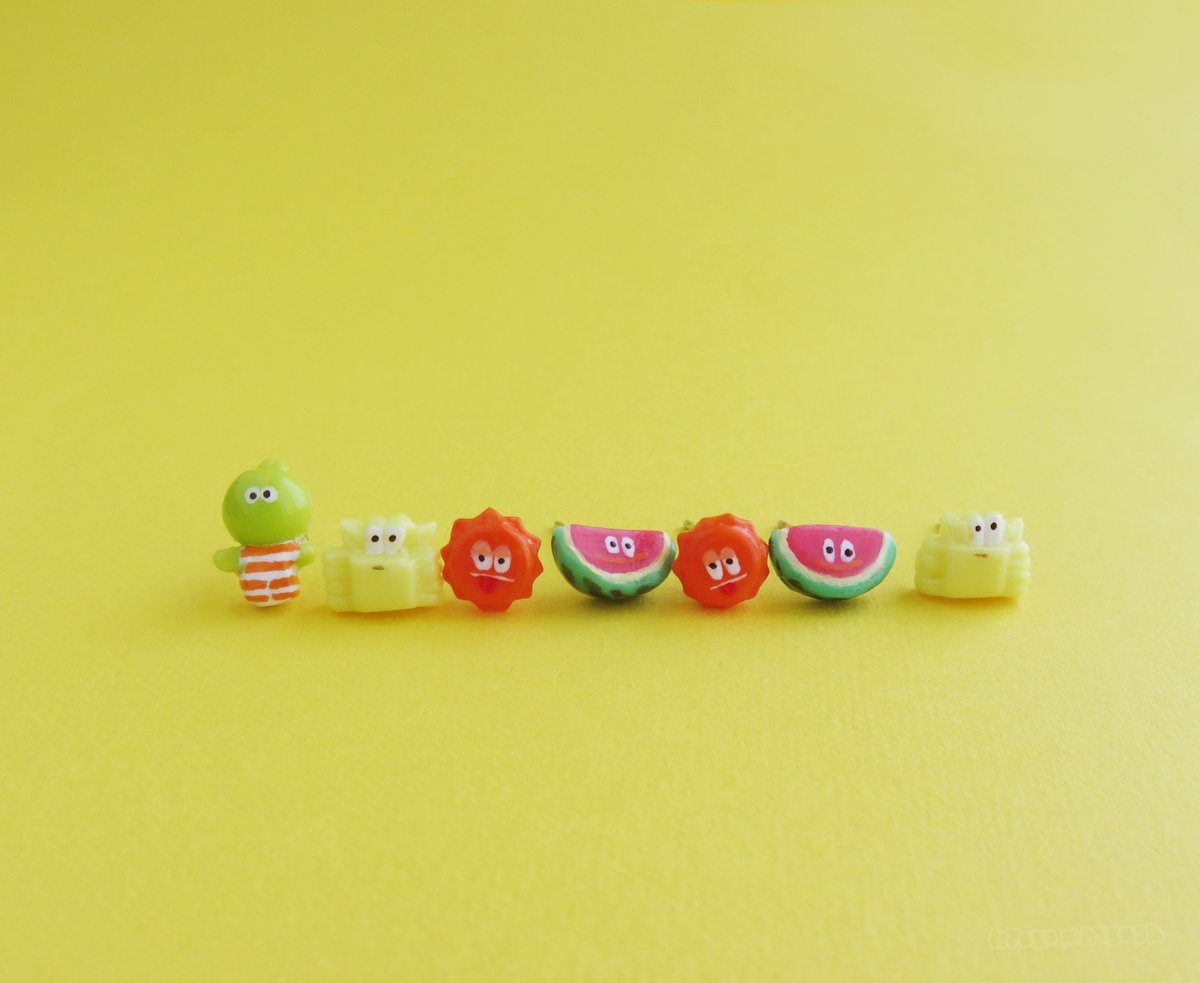 mtdkyo's tweet image. 🆕サマバケピアス
せっかく7月なので夏らしいピアスを作りました!
ラインナップは水着姿のミトロ・真顔ガニ・ごきげんなスイカ・いぢわる太陽です𓆛✰
#デザフェス61