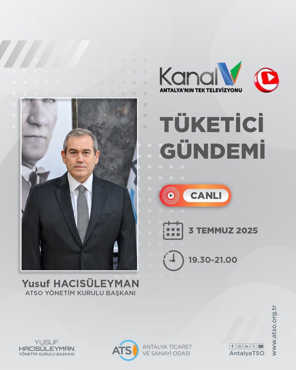 ATSO Yönetim Kurulu Başkanımız Yusuf Hacısüleyman, bugün saat 19.30’da Kanal V’de yayınlanacak "Tüketici Gündemi" programında, maliyetler, finansmana erişim, faiz oranları, döviz kurları, istihdam, ihracat, turizm ve ATSO’nun çalışmalarını değerlendirecek.

📌 Tarih: 3 Temmuz