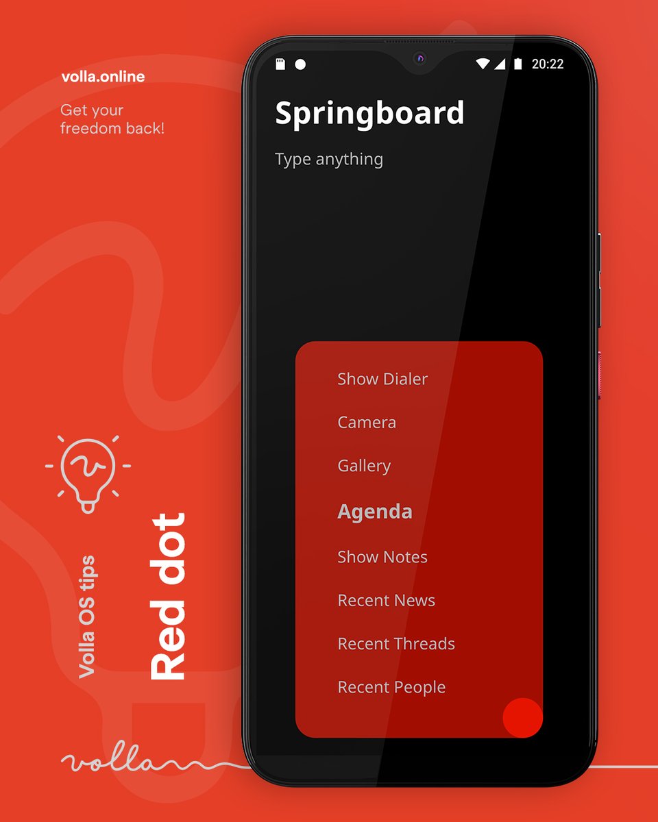 Volla OS tip

✅ The red dot

The red dot can optionally be displayed on the start screen. Tap and hold to open the menu and scroll to select an application and open it directly. You can customize the red dot using the shortcuts in the quick menu.

#volla #VollaOSTip #opensource