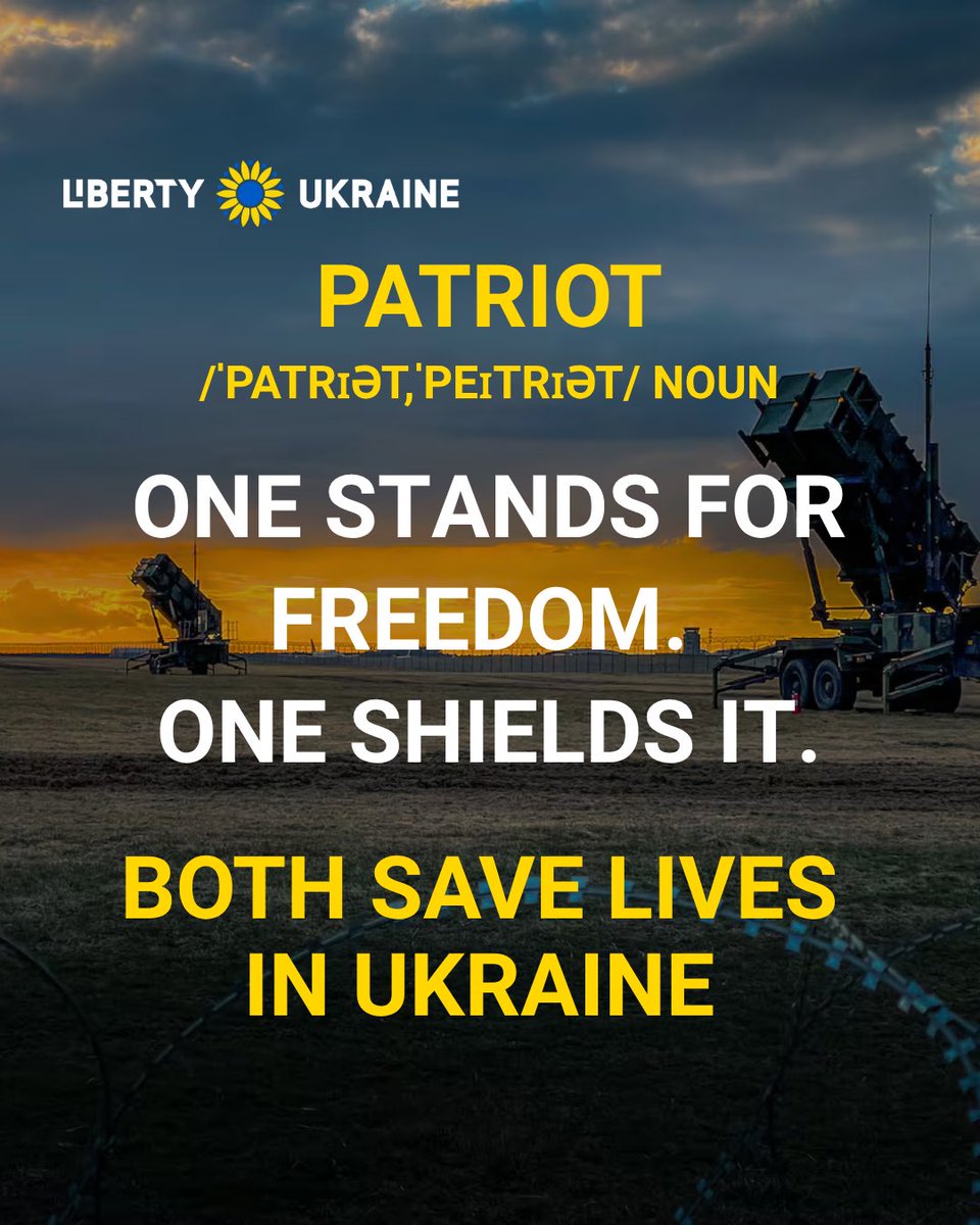 Both definitions of “Patriot” matter. The people who defend their homeland. The technology that protects them. Neither should be abandoned. Demand more #airdefenseforukraine to save lives 🇺🇦

#AirDefense #Patriot #StandWithUkraine #DefendFreedom #LibertyUkraine