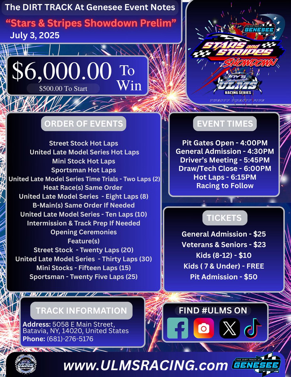 United Late Model Series (@ulmslatemodels) on Twitter photo ๐๐ญ๐๐ซ๐ฌ & ๐๐ญ๐ซ๐ข๐ฉ๐๐ฌ ๐๐ก๐จ๐ฐ๐๐จ๐ฐ๐ง ๐๐ข๐ ๐ก๐ญ ๐๐ฐ๐จ ๐๐ญ๐ข๐ง๐๐ซ๐๐ซ๐ฒ ๐บ๐ธ 
Catch all the action here at The Dirt Track at Genesee tonight and tomorrow. ๐ฅ ๐๐ญ๐๐ซ๐ฌ & ๐๐ญ๐ซ๐ข๐ฉ๐๐ฌ ๐๐ก๐จ๐ฐ๐๐จ๐ฐ๐ง ๐๐ข๐ ๐ก๐ญ ๐๐ฐ๐จ ๐๐ญ๐ข๐ง๐๐ซ๐๐ซ๐ฒ ๐บ๐ธ 
Catch all the action here at The Dirt Track at Genesee tonight and tomorrow. ๐ฅ