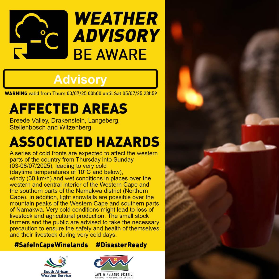 ⚠️🥶 Weather Advisory issued by the Cape Winelands District Municipality for the region.