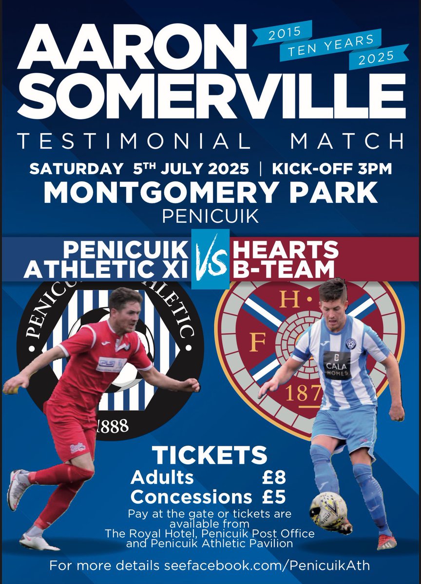 This Saturday sees us pay tribute to Aaron Somerville as our captain celebrates his testimonial with the Cuikie welcoming Hearts B to Montgomery Park!

Kickoff is at 3pm with admission £8/£5!

Get yourself down and show your appreciation for one of our greatest ever!