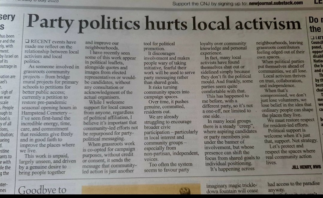 Interesting letter in today's <a href="/NewJournal/">Camden New Journal</a>. Couldn't agree more!

"party politics hurts local activism".

So many local people have disengaged from the community because of this.