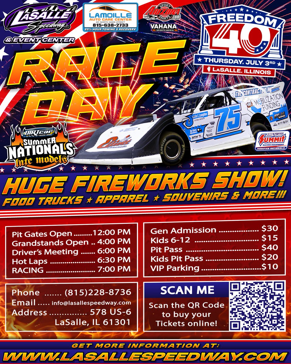 It is RACEDAY at <a href="/LaSalleSpeedway/">LaSalle Speedway</a> for the <a href="/SummerNationals/">DIRTcar Summer Nationals</a> #HellTour "Freedom 40" featuring the BEST Late Model drivers in the country alongside <a href="/SummitRacing/">summitracing</a> Modifieds. Also catch fireworks presented by RKM Fireworks that will be fun for the whole family.