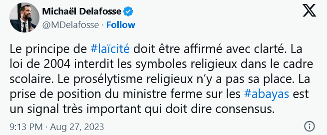 En 2023, M. Delafosse saluait la politique de stigmatisation menée par Darmanin sur les abayas, alimentant une surenchère anxiogène pour une police du vêtement.

La laïcité n’est pas un outil d’exclusion et ne se construit pas sur les fantasmes de l’extrême droite.