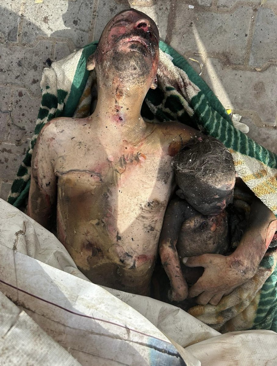 Mogaza's tweet photo. 🇵🇸This is how a Palestinian father and his toddler appear in Gaza this morning: bodies charred and lifeless under the ruinous weight of an Israeli airstrike. A spectacle of annihilation that speaks, more than words ever could, of a people condemned to be seen only in death. https://t.co/sNYcUbEGpO