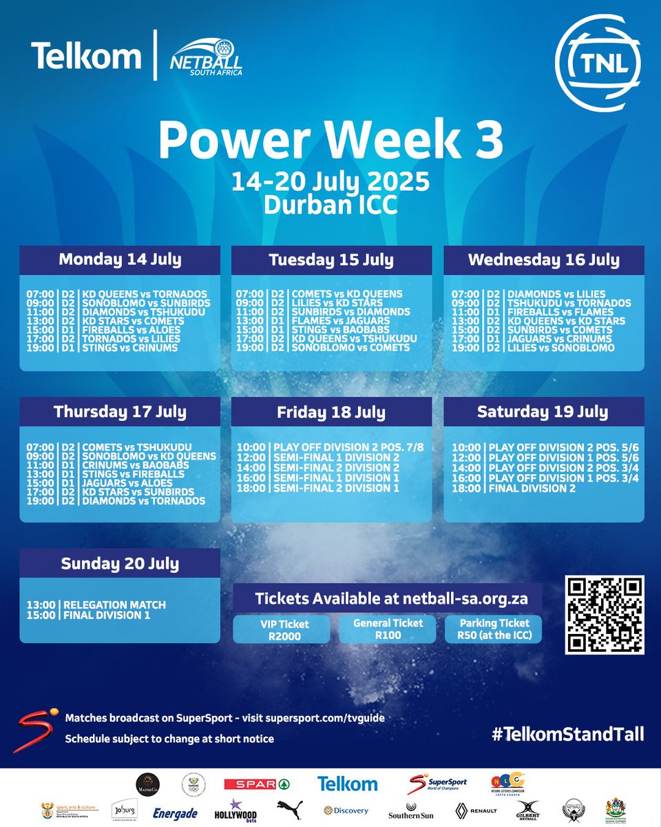 🆚 𝐅𝐈𝐗𝐓𝐔𝐑𝐄𝐒 𝐏𝐨𝐰𝐞𝐫 𝐖𝐞𝐞𝐤 𝟑

🎟️ Tickets Now Available 👉 netball-sa.org.za
📺 Matches broadcast on <a href="/SuperSportTV/">SuperSport 🏆</a>  

#TelkomNL #TNL2025 #TelkomStandTall <a href="/TelkomZA/">@TelkomZA</a>