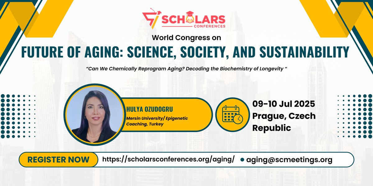 Aging Conference (@aging2025) on Twitter photo 🎙️ Excited to welcome Hulya Ozudogru (Mersin Univ. / Epigenetic Coaching, 🇹🇷) to #WCFA2025!
🧬 Topic: “Can We Chemically Reprogram Aging? Decoding the Biochemistry of Longevity”
📍 Prague | 🗓️ July 9–10
🔗 scholarsconferences.org/aging/
📢 Don’t miss this! Hurry up
<a href="/ScholarsConfer1/">Scholars Conferences</a> 🎙️ Excited to welcome Hulya Ozudogru (Mersin Univ. / Epigenetic Coaching, 🇹🇷) to #WCFA2025!
🧬 Topic: “Can We Chemically Reprogram Aging? Decoding the Biochemistry of Longevity”
📍 Prague | 🗓️ July 9–10
🔗 scholarsconferences.org/aging/
📢 Don’t miss this! Hurry up
<a href="/ScholarsConfer1/">Scholars Conferences</a>