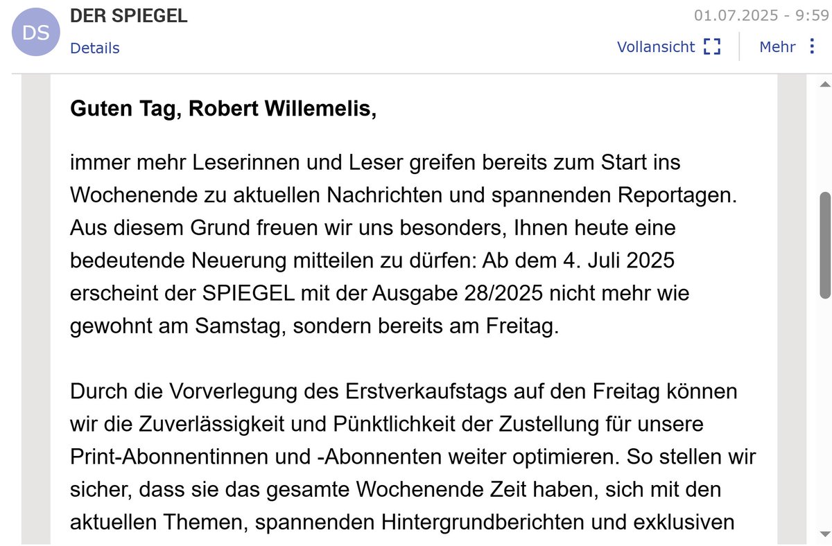 Robert Willemelis ... ๐๐โฎ๏ธ (@robertspd) on Twitter photo oder anders ausgedrรผck <a href="/derspiegel/">DER SPIEGEL</a> mรถchte fรผr das immer teurer werdende Abo Zustellkosten sparen. Frรผher kam der Sonntag oder anders ausgedrรผck <a href="/derspiegel/">DER SPIEGEL</a> mรถchte fรผr das immer teurer werdende Abo Zustellkosten sparen. Frรผher kam der Sonntag