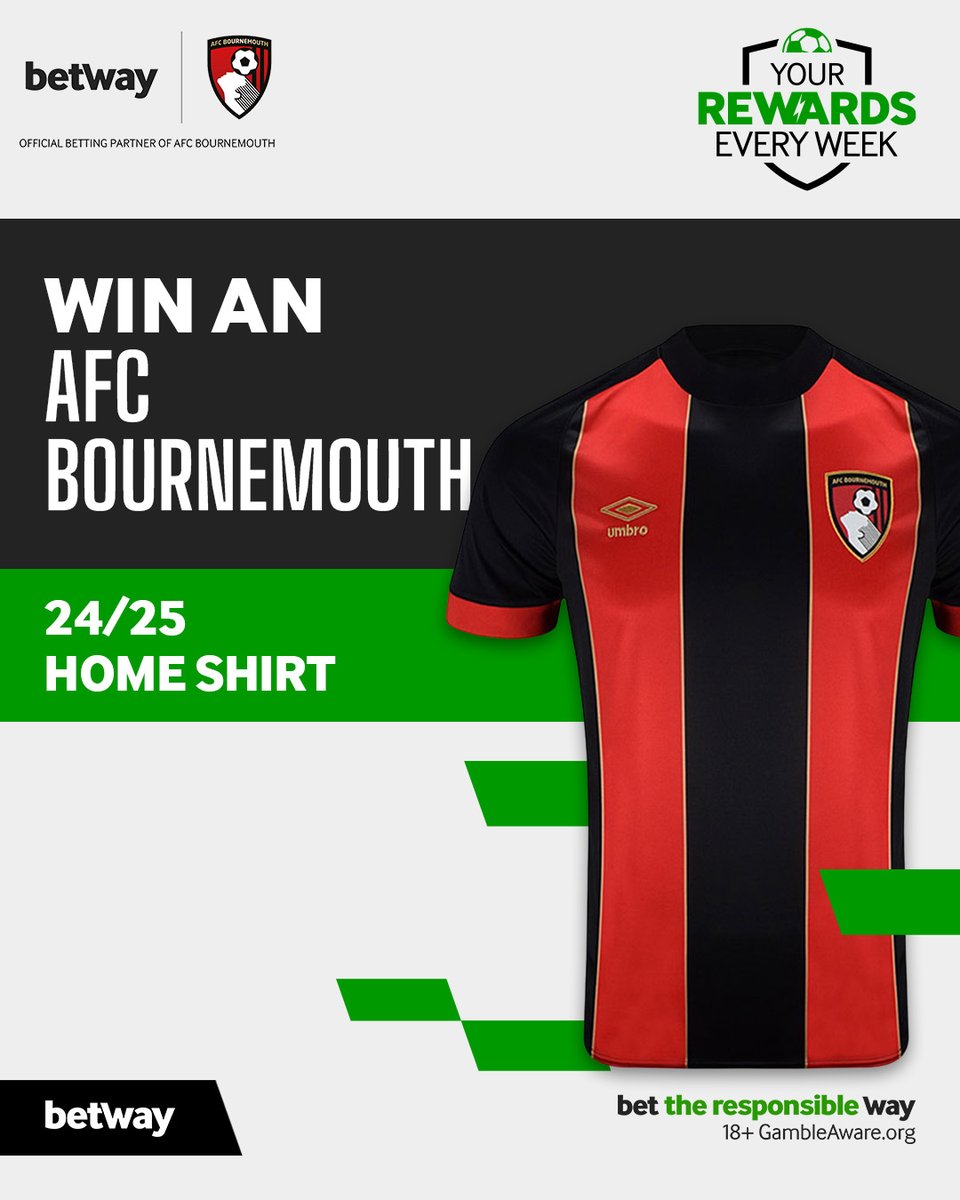 Here’s one for the <a href="/afcb/">afcb</a> fans - We have a number of 24/25 home shirts to give away! 
 
To enter:  
- Follow @Betway 
- Like this post  
- Comment with your shirt size 
 
Closes 9am Monday 7th July. 

T&amp;Cs here: blog.betway.com/football/premi…