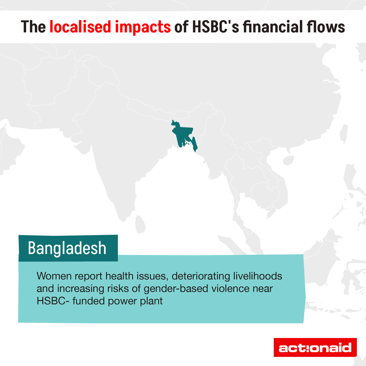 ActionAidUK's tweet image. Out of sight, out of mind... and almost out of time. 

HSBC&apos;s investments generate millions for the bank each year. But it&apos;s the small, marginalised communities around the world who have to face the consequences. 

Whether it&apos;s women in Bangladesh seeing their health impacted by…