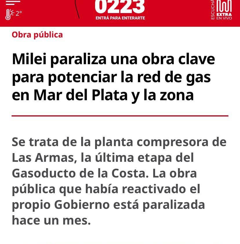 gabrielediego's tweet photo. Mar del plata está sin gas porque el gobierno frenó obras clave para asistir a consumos como el necesario en medio de la ola polar. Parece joda. Ahí tenés la motosierra que te deja sin gas https://t.co/BCfM7yhbVY