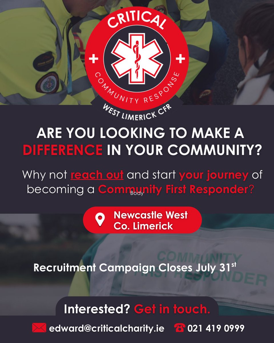 🚨 Want to give back to your community?

CRITICAL is recruiting CFRs in:
📍 Millstreet, Co. Cork
📍 Newcastlewest, Co. Limerick

In a 999 call, you could save a life before help arrives.
No medical background needed — just heart. 🫶

DM to get involved. #CRITICALCFR #Volunteer