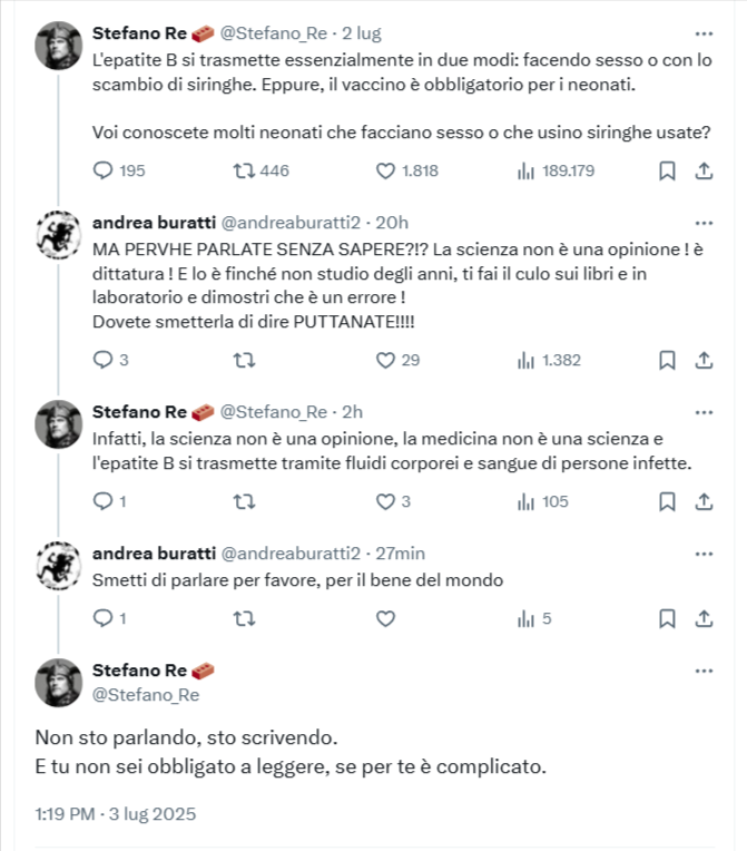 Stefano_Re's tweet photo. Oggi gli scientisti si sono scatenati. Quasi quasi riapro la vecchia pagina, avevo circa tremila dialoghi in cui si sbizzarrivano a esibire il loro culto fanatico ne #LaScienzah https://t.co/Q5c7n9jgYQ