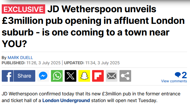 The Daily Mail's story about Walham Green tube station opening as a Wetherspoons is published as an "exclusive" two days after I wrote about it, and 11 days after FulhamSW6 first spotted it.

Some exclusive!

ianvisits.co.uk/articles/walha…