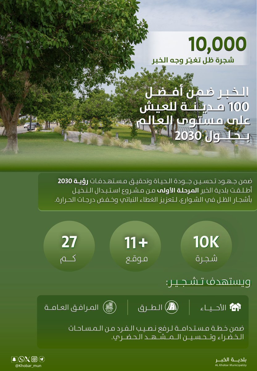 #الخبر تخطو نحو بيئة أكثر خُضرة 💚

استبدال النخيل بـ 10,000 شجرة ظل 🌳
في 11 موقعًا بطول 27 كم،
ضمن مبادرة #الخبر_خضراء لتعزيز الغطاء النباتي وتحسين جودة الحياة.

معًا نحو مدن أكثر استدامة 🌱
#بلدية_الخبر | #رؤية_2030