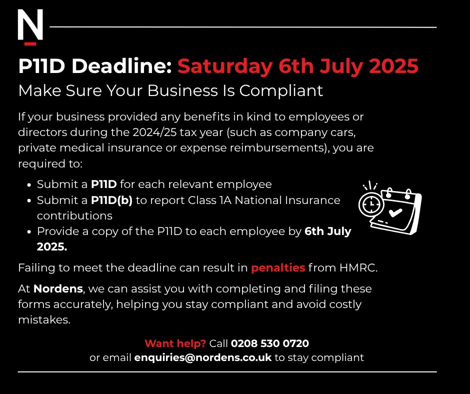 P11D Deadline: Saturday 6th July 2025
If your business provided any benefits in kind to employees or directors during the 2024/25 tax year, you must submit your P11D and P11D(b) forms by 6 July.

Need support?
Visit our contact page: f.mtr.cool/lrljchcebx