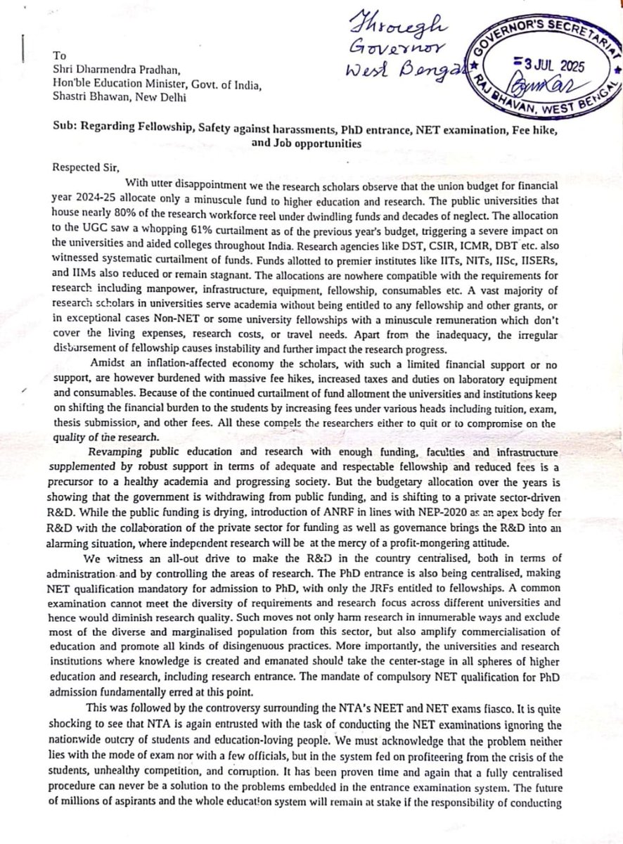 Memorandum with scholar signatures submitted today (03.07.25) to MoE through WB Governor.

Demands:
Increase non-NET and university fellowships,
No to mandatory NET,
Stop scholar harassments,
Scrap NTA,
Withdraw all fee hikes,
Employment opportunities after research.

#DRSO WB