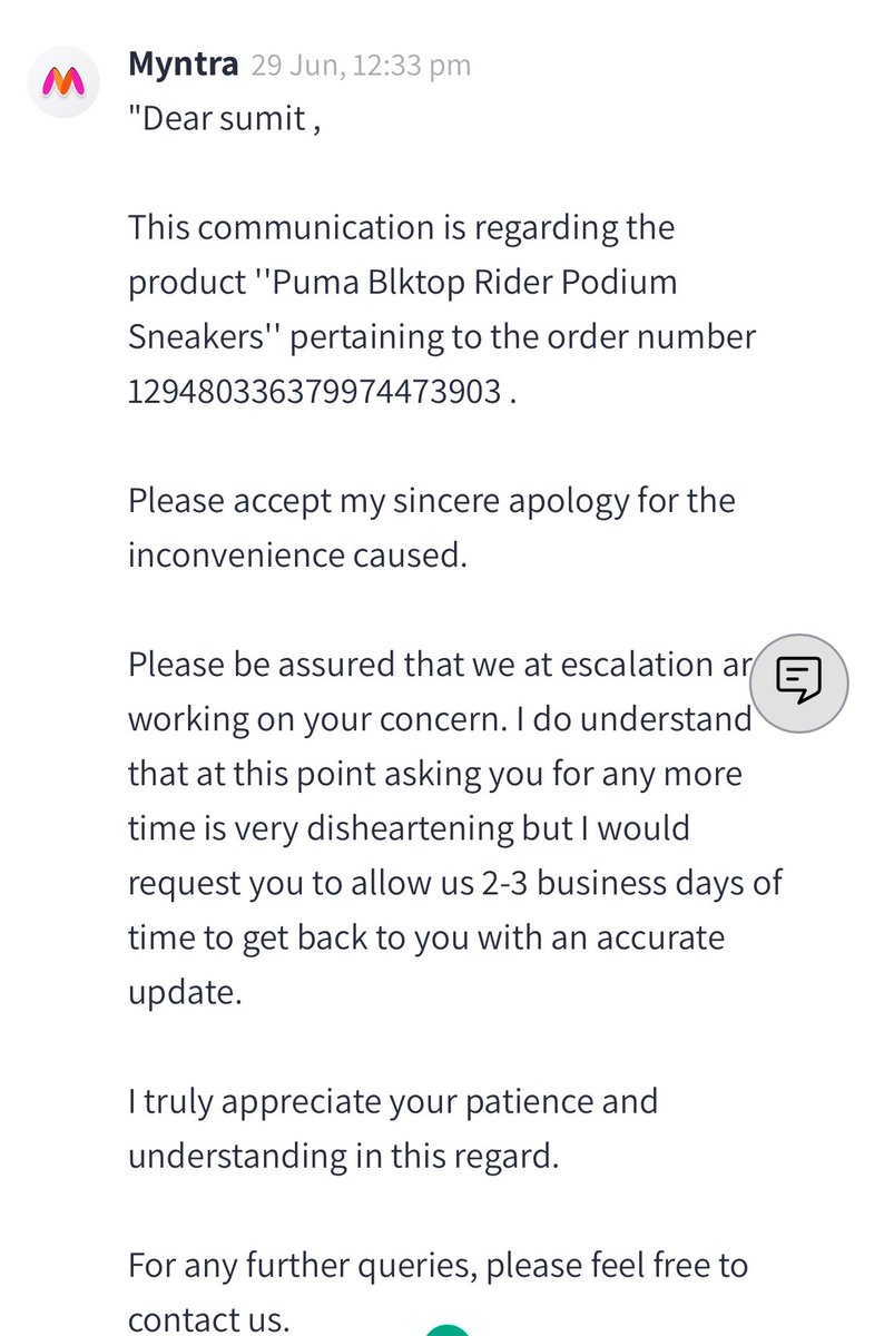 SumitSi47490600's tweet photo. @MyntraSupport @myntra This is the reply I got but no result , they asked for 2-3 days and today it’s almost 5 days , nothing has been updated no results are found https://t.co/cZktn58FrO