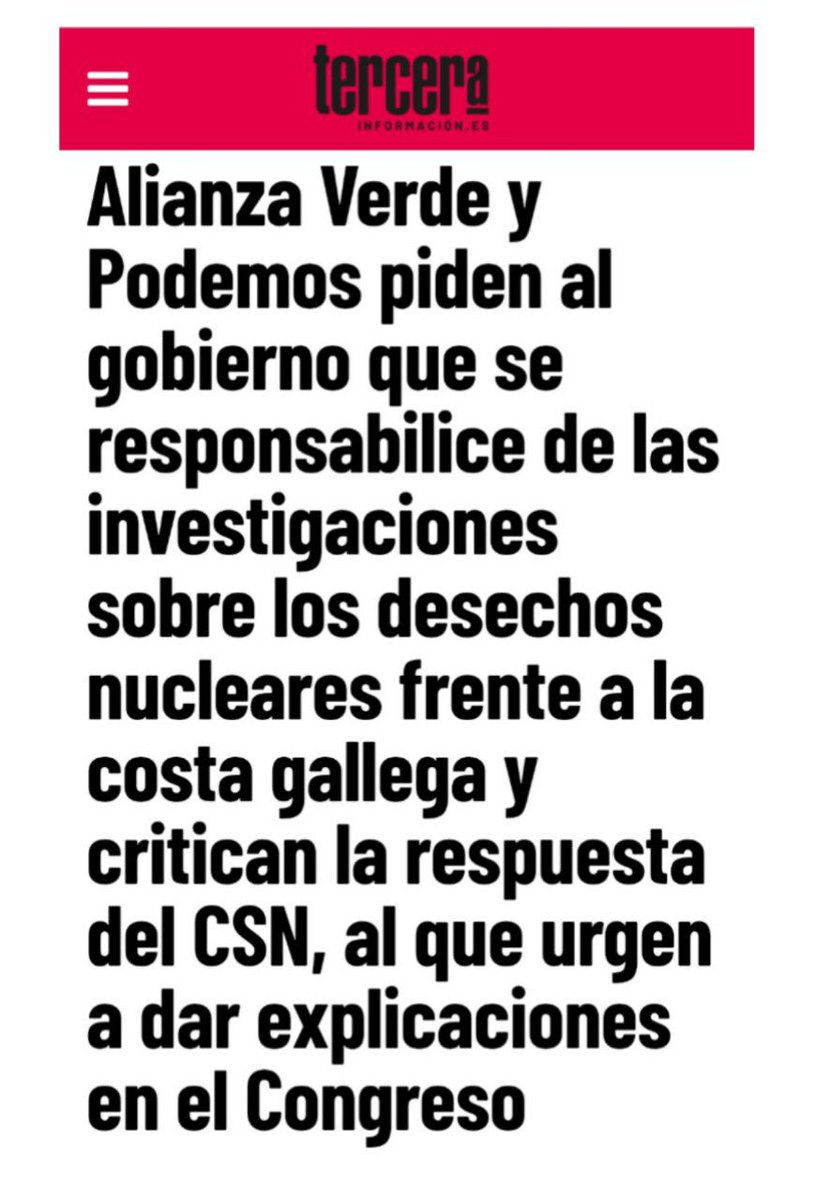 Podemos Galicia (@podemos_galicia) on Twitter photo Esiximos que se asuman responsabilidades polos refugallos nucleares depositados fronte ás nosas costas.
Presentamos xunto con <a href="/AlianzaVerde_/">Alianza Verde 🌱</a> unha serie de iniciativas no Congreso para esixirlle ao Goberno que actúe e dea explicacións. Esiximos que se asuman responsabilidades polos refugallos nucleares depositados fronte ás nosas costas.
Presentamos xunto con <a href="/AlianzaVerde_/">Alianza Verde 🌱</a> unha serie de iniciativas no Congreso para esixirlle ao Goberno que actúe e dea explicacións.