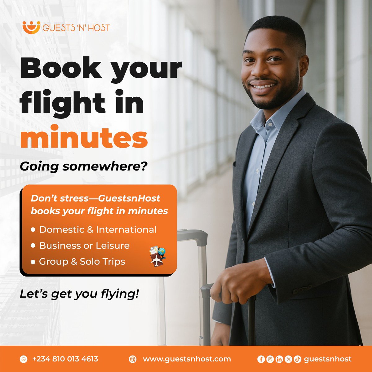 guestsnhost's tweet image. Don’t let booking stress delay your trip.
GuestsnHost books flights—fast, smooth, and stress-free.
Business or leisure, we’ve got you.
#GuestsnHost #FlightBooking #QuickTravel #TravelNigeria #BookYourTrip