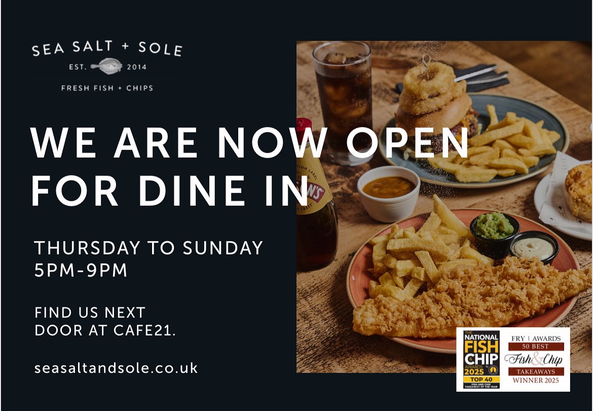 Have you tried our dine in bistro yet? 

Situated behind us within cafe21dyce it’s the ideal relaxing spot to enjoy our award winning fish and chips. 

Bookings can be made using the link below: 

web.dojo.app/create_booking…