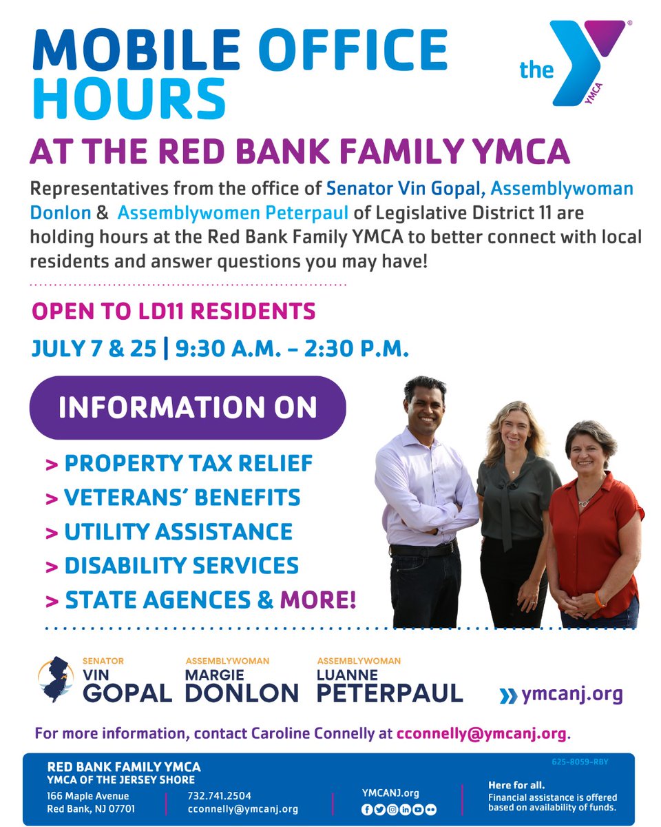 yjerseyshore's tweet image. Join Senator @vingopal & Assemblywomen Margie Donlon & Luanne Peterpaul @DonlonPeterpaul for office hours at the #YMCA!
🗓️ July 7 & 25
🏠 Red Bank Family Y
⏲️ 9:30a.m.-2:30p.m.
Connect on tax relief, Veterans benefits, disability services, & more. ymcanj.org/events