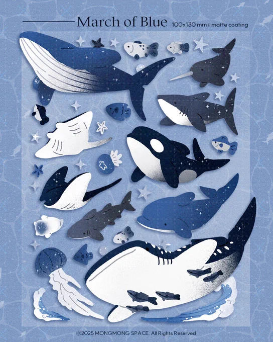 푸른 행진 March of Blue ˚₊‧꒰ა ☆ ໒꒱‧₊˚ ✦ 100x130mm | 무광 코팅 | 1매입 | 씰스티커 마켓 오픈: 7월 5일 밤 10시 트웬티 꿈꾸는 아이들의 힘찬 행진이 시작돼요 다양한 바다 친구들의 모습을 담아 푸르고 잔잔한 여름을 표현했답니다:) 이번 씰스티커는 박을 넣는대신