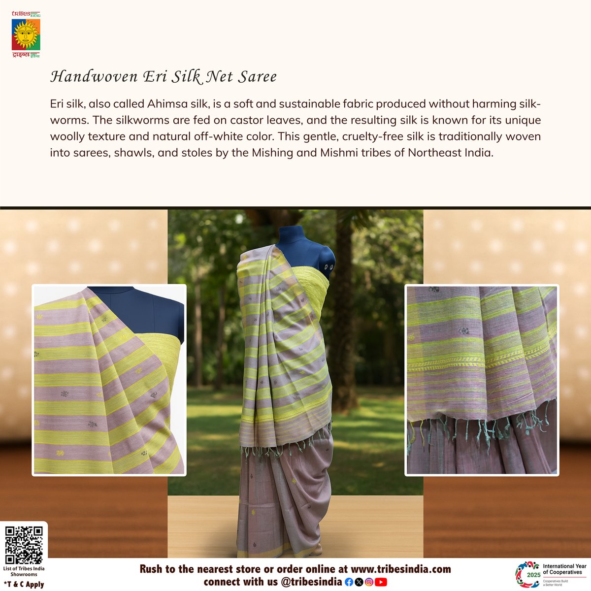 #EriSilk (Ahimsa Silk) is soft, cruelty-free &amp; woven by the Mishing &amp; Mishmi tribes of Northeast India. 

No harm to silkworms. Just care, castor leaves &amp; tradition.
Wear ethics, wear heritage. 💛

Shop: bit.ly/4kidaV5

#Vocal4Local #BuyTribal #TribesIndia