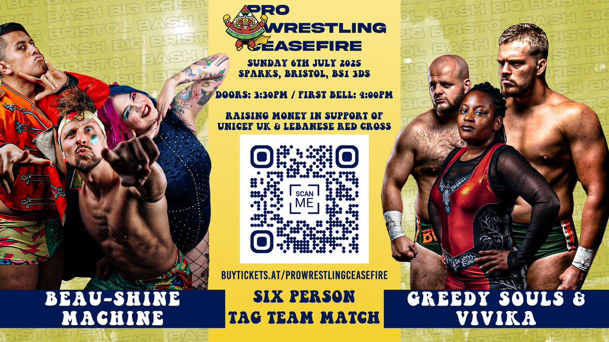 Your full card for this Sunday's show in BRISTOL!

🍉Beau-shine Machine vs Greedy Souls &amp; Vivika
🍉Nico Angelo vs Jordon Breaks
🍉Josh Holly vs Alexander Vane
🍉KYRI vs Chicago Desailly

📍SPARKS BRISTOL, BS1 3DS
🚪Doors: 3:30pm 🔔 Start: 4pm

🎫 Family Tickets + Bundles