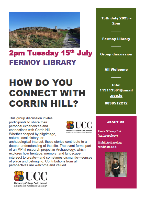 corkcolibrary's tweet image. Come along to #FermoyLibrary on Tuesday 15th July at 2pm and learn more about Corrin Hill &amp;amp; local Fermoy history with #UCC researcher, Paula O’Leary.
Everyone welcome!
#LibrariesIreland  #WhatLibrariesDo     #TakeACloserLook

@FermoyForum   @AvondhuBlackwater  @CorkETB…