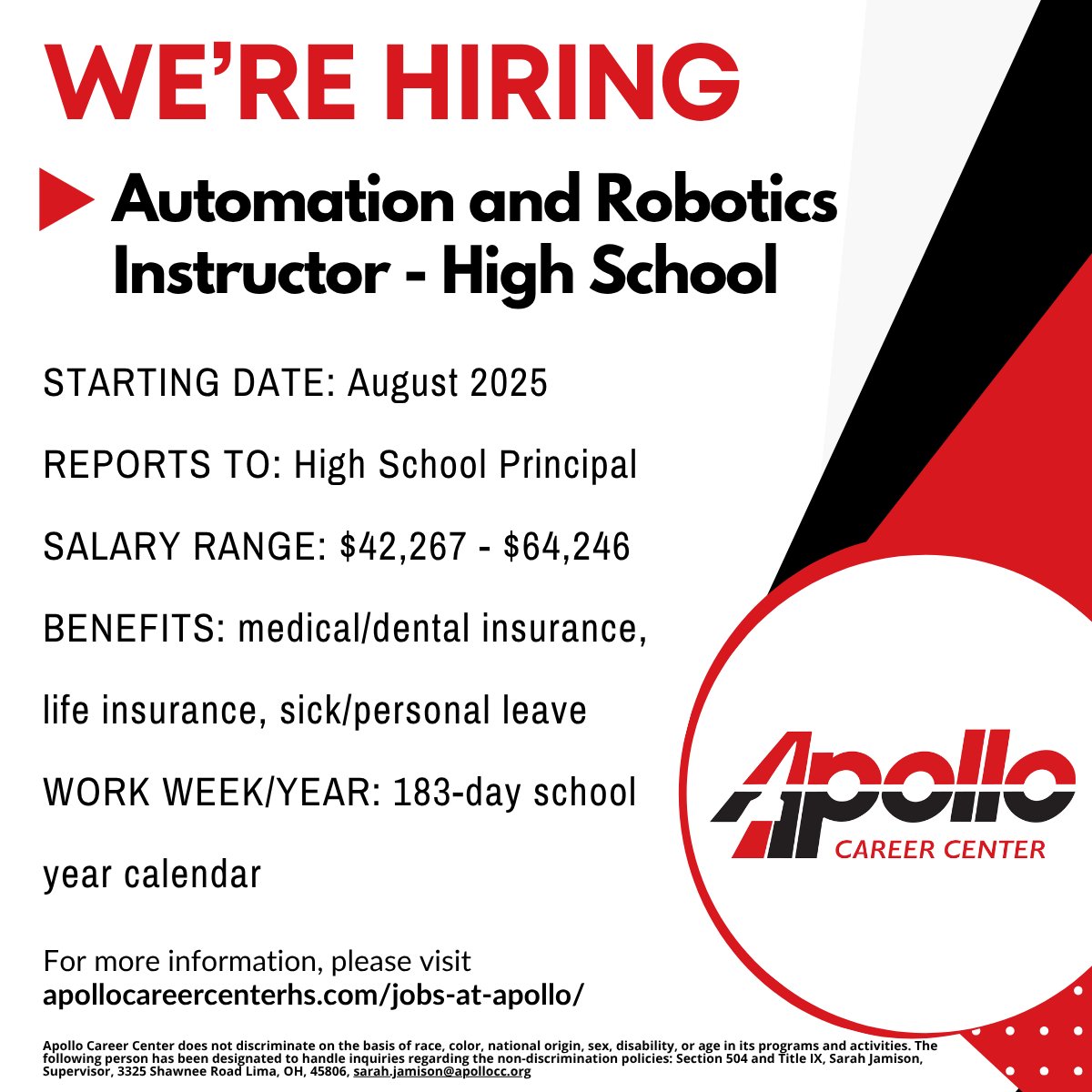 For more information and the application, please visit apollocareercenterhs.com/jobs-at-apollo/