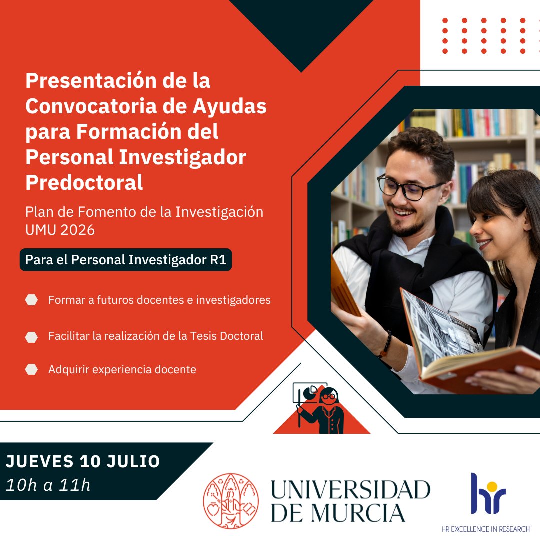 Research-UMU (@research_um) on Twitter photo 📢 El <a href="/research_um/">Research-UMU</a> <a href="/UMU/">Universidad Murcia</a> presenta la convocatoria de Ayudas para la Formación del Personal Investigador Predoctoral (Plan de Fomento de Investigación 2026)
✅ Oportunidad para iniciar la tesis y adquirir experiencia docente
🗓️ 10/07
⏰ 10:00h - Zoom
🔗t.um.es/Snr5s 📢 El <a href="/research_um/">Research-UMU</a> <a href="/UMU/">Universidad Murcia</a> presenta la convocatoria de Ayudas para la Formación del Personal Investigador Predoctoral (Plan de Fomento de Investigación 2026)
✅ Oportunidad para iniciar la tesis y adquirir experiencia docente
🗓️ 10/07
⏰ 10:00h - Zoom
🔗t.um.es/Snr5s